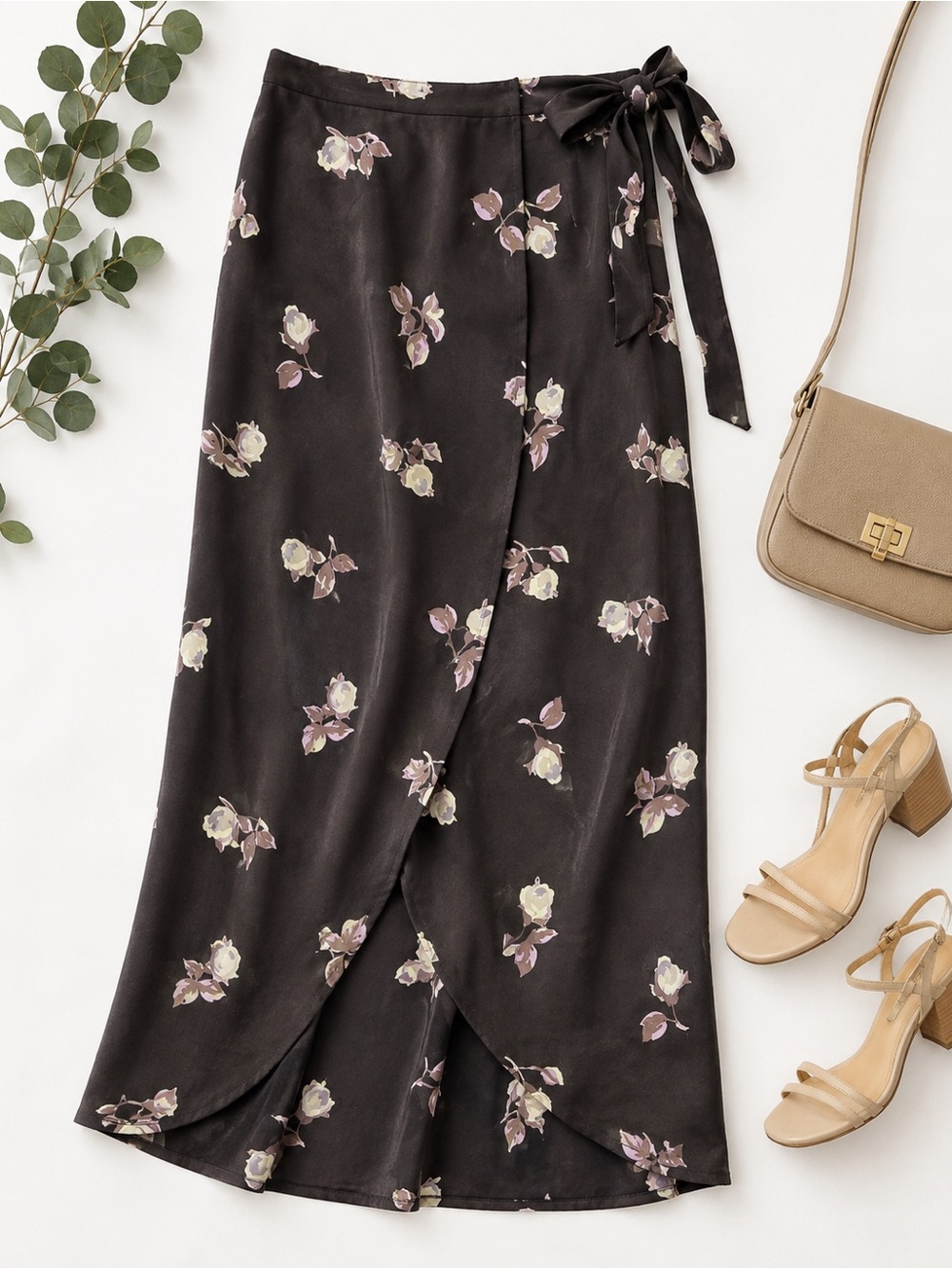 PJLA Floral Wrap Maxi Skirt Black Rose Print Tie Waist